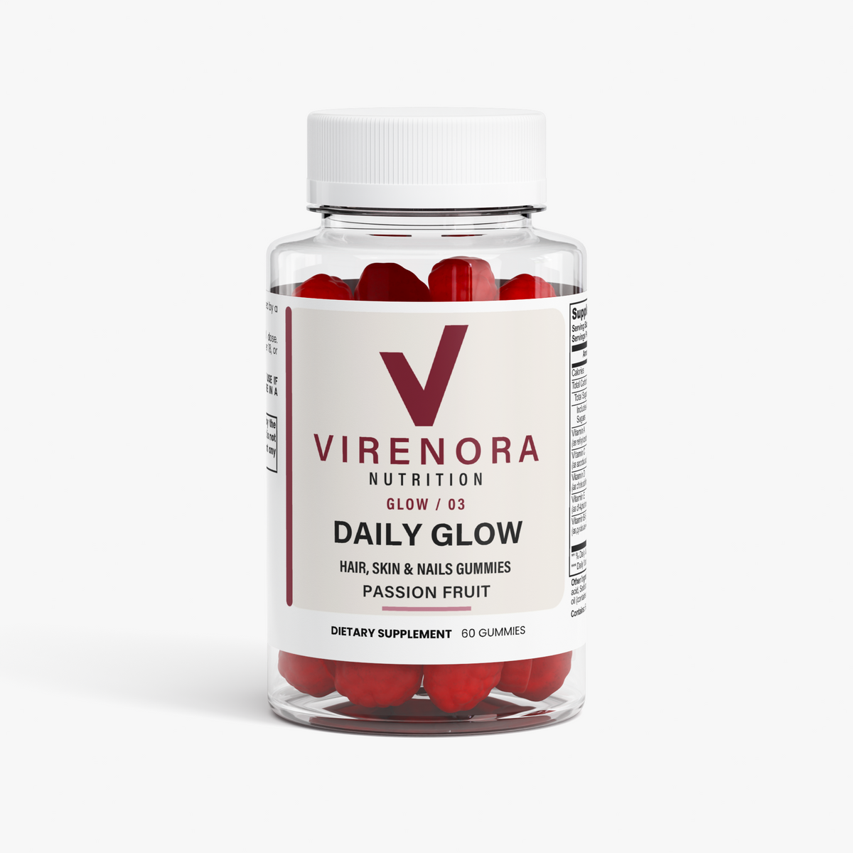 Virenora glow single container with current stacked logo label