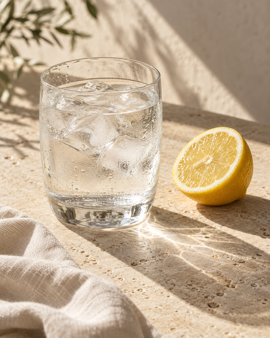 Editorial still life of water, ice and a lemon on a sunlit stone surface